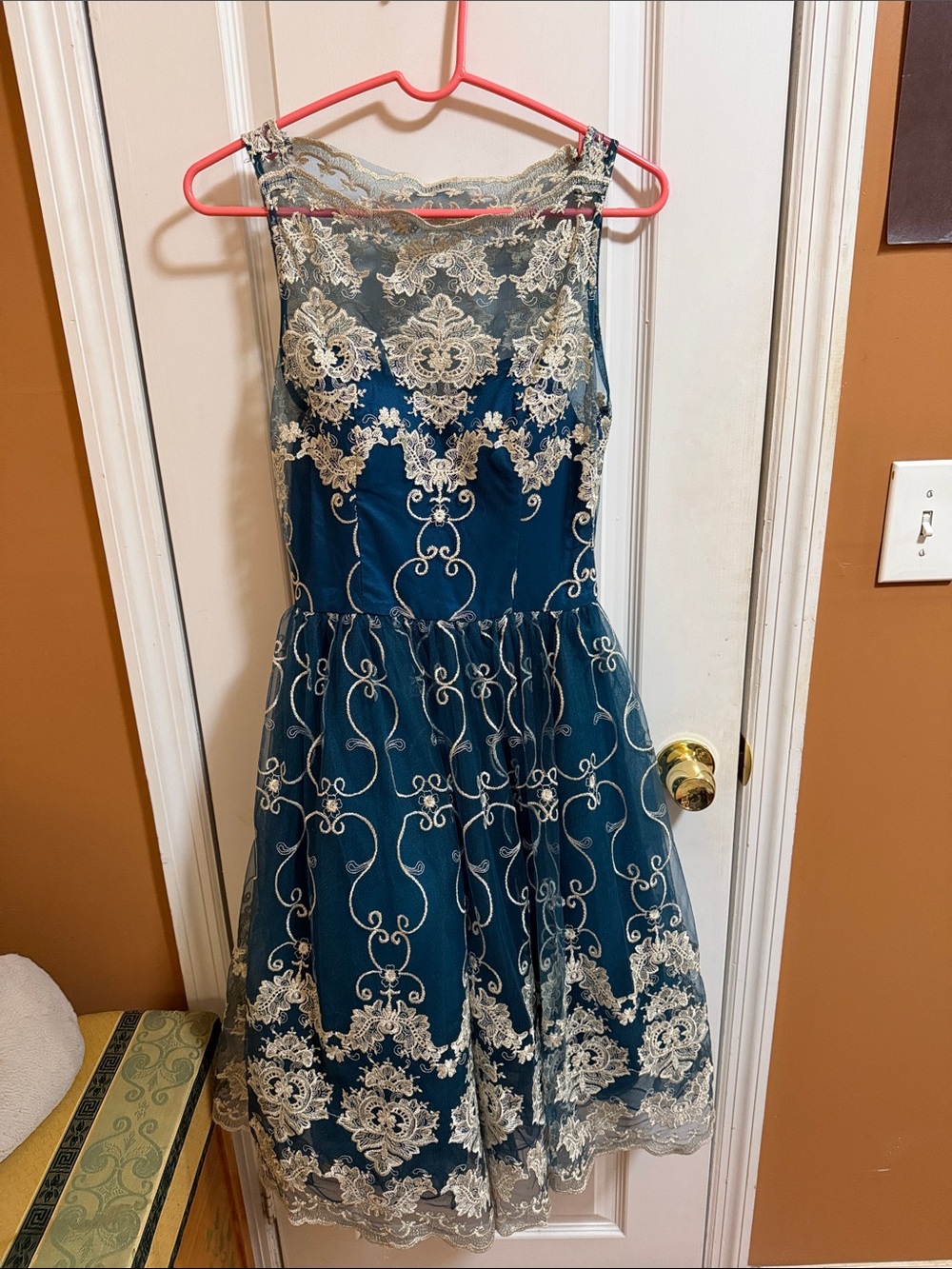 Chi Chi London Teal Dress with Cream Lace Overlay